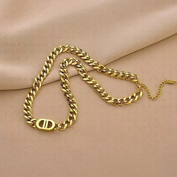 Double D Gold Plated Stainless Steel Necklace Matching Bracelet Set - Picture 3 of 4